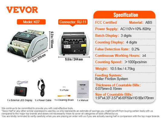 Succebuy 1000Pcs/Min Money Counter Business Cash Register Bills Counterfeit Bill Detector by UV/MG/IR/DD Function for Bank Store