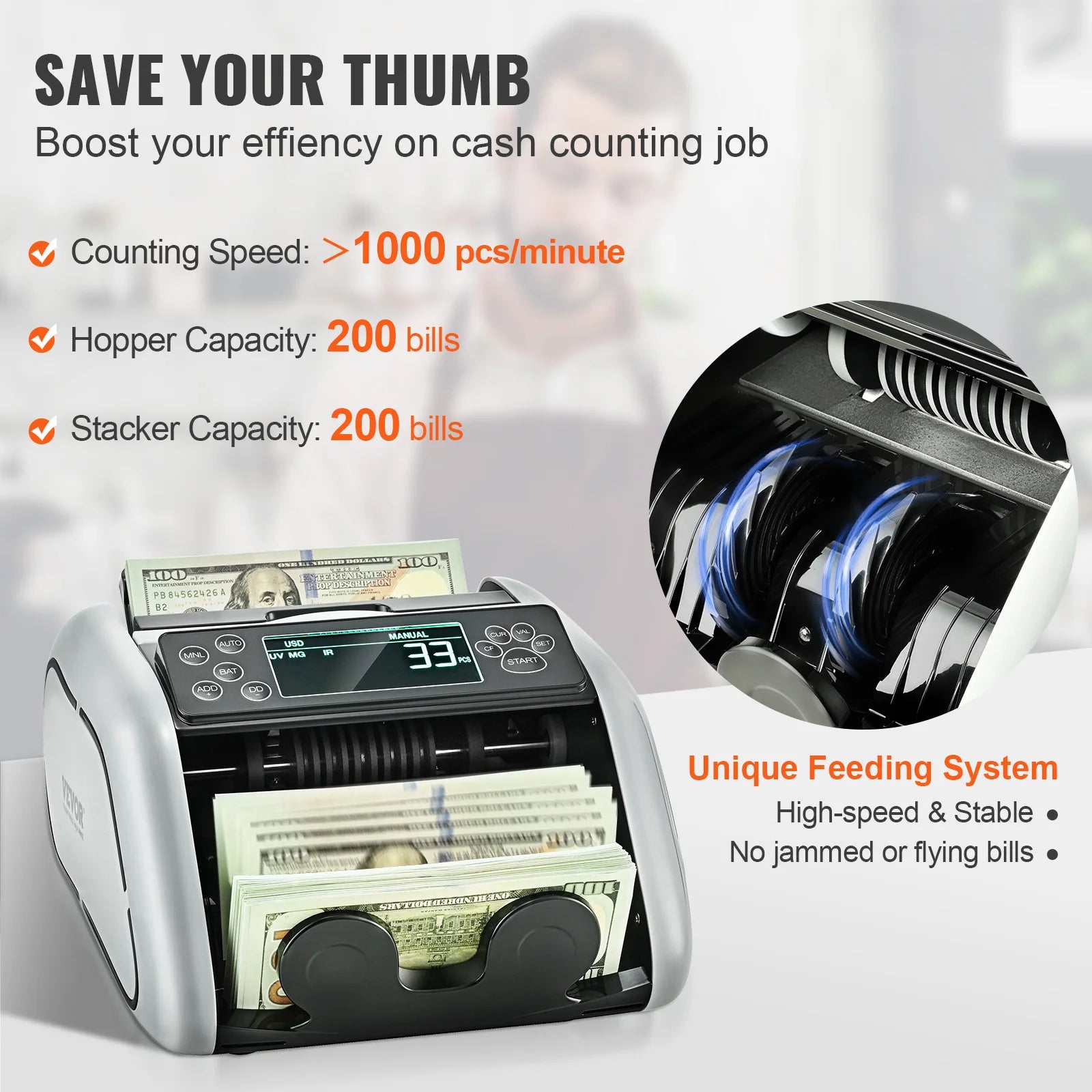 Succebuy 1000Pcs/Min Money Counter Business Cash Register Bills Counterfeit Bill Detector by UV/MG/IR/DD Function for Bank Store